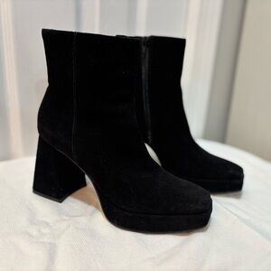 Black Velvet Ankle Boots, Size 6.5, Block Heel, Leather Upper, Zip Closure